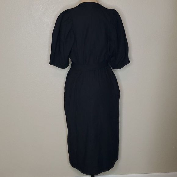 Ann Taylor Medium Black Linen blend Belted Midi Shirtdress Puff Sleeves - Picture 8 of 12